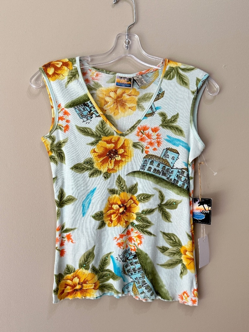 NWT Sunset Cove Vintage 90s Tropical Floral Ribbed Tank Top With Sequins
